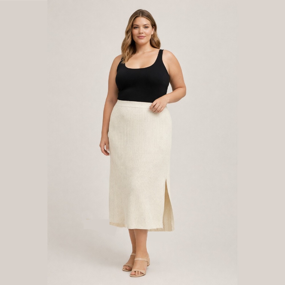 H&M Ribbed Knit Skirt Womens XL 16 Cream Ivory Midi Cotton Stretch High Low